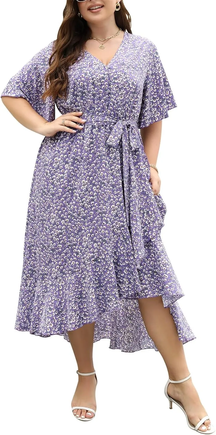 Keluummi Plus Size Wedding Guest Maxi Dress for Curvy Women, Summer Casual Boho Floral Long Wrap Dress with Sleeve and Pocket