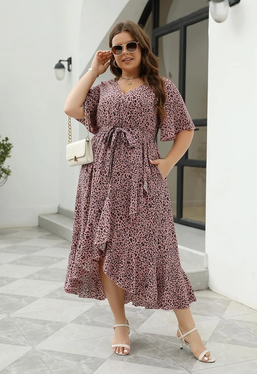 Keluummi Plus Size Wedding Guest Maxi Dress for Curvy Women, Summer Casual Boho Floral Long Wrap Dress with Sleeve and Pocket