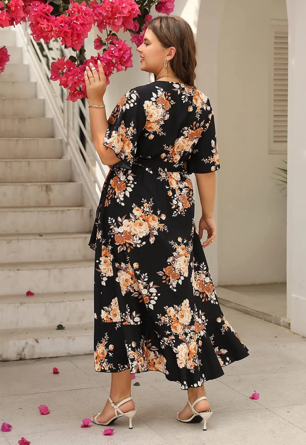 Keluummi Plus Size Wedding Guest Maxi Dress for Curvy Women, Summer Casual Boho Floral Long Wrap Dress with Sleeve and Pocket
