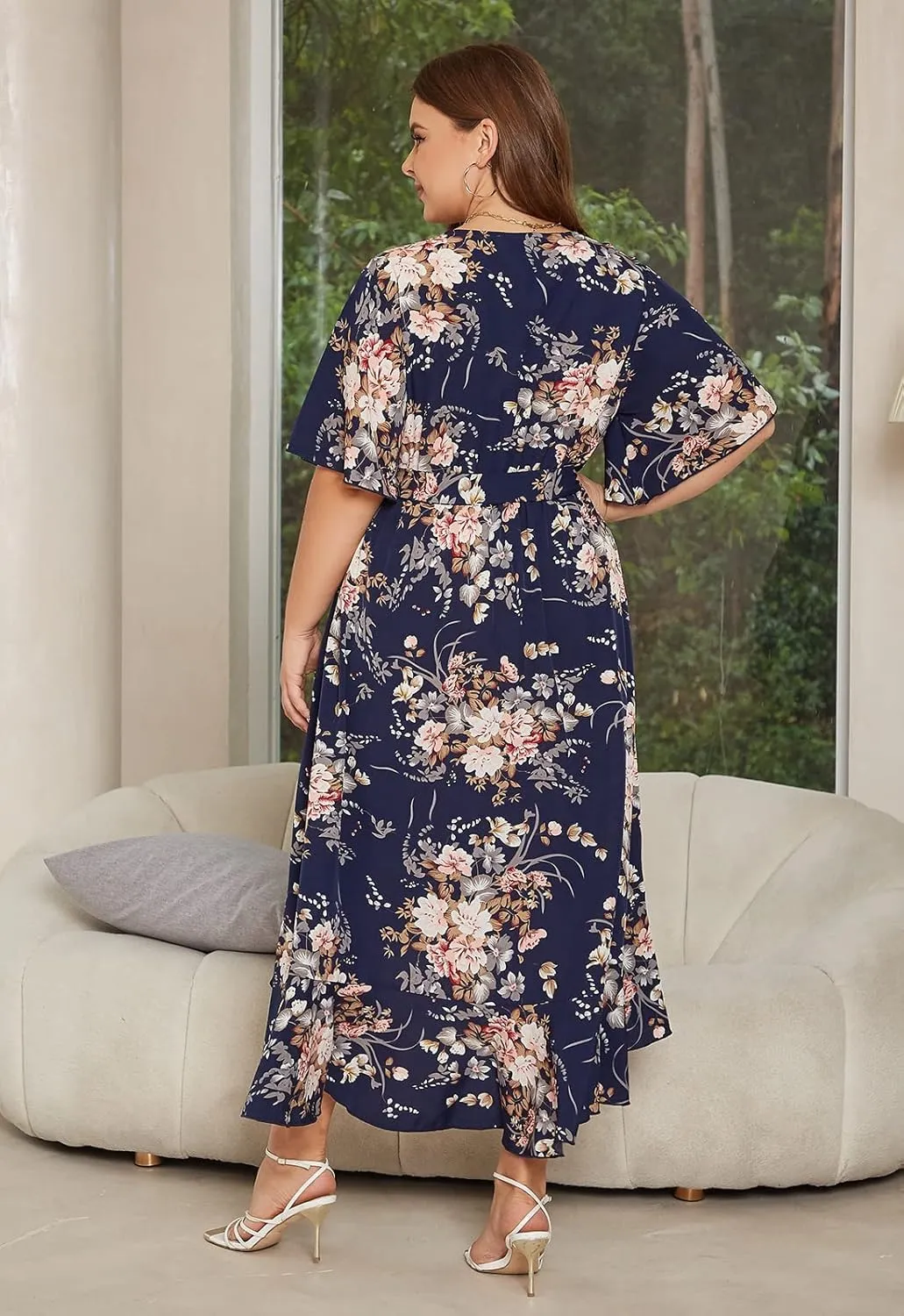 Keluummi Plus Size Wedding Guest Maxi Dress for Curvy Women, Summer Casual Boho Floral Long Wrap Dress with Sleeve and Pocket