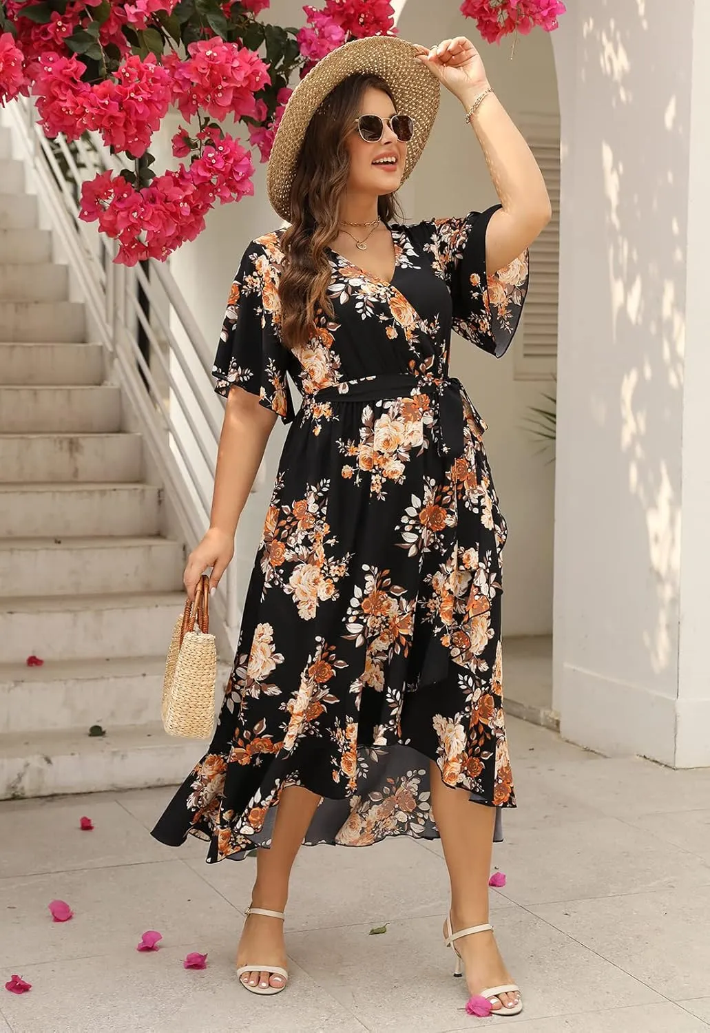 Keluummi Plus Size Wedding Guest Maxi Dress for Curvy Women, Summer Casual Boho Floral Long Wrap Dress with Sleeve and Pocket
