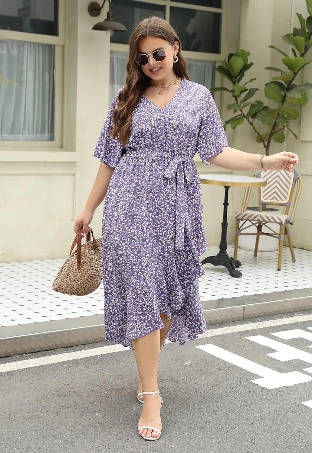 Keluummi Plus Size Wedding Guest Maxi Dress for Curvy Women, Summer Casual Boho Floral Long Wrap Dress with Sleeve and Pocket