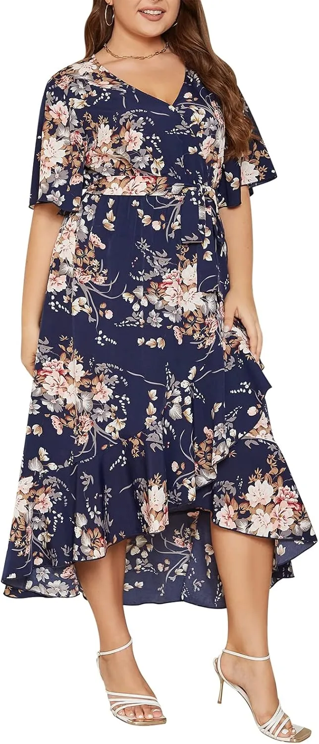 Keluummi Plus Size Wedding Guest Maxi Dress for Curvy Women, Summer Casual Boho Floral Long Wrap Dress with Sleeve and Pocket