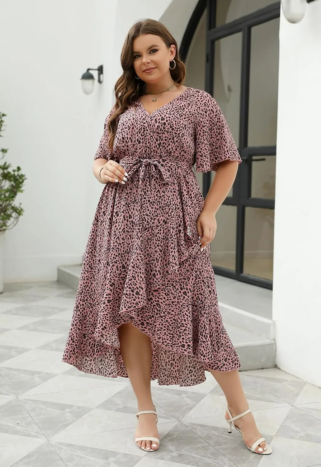 Keluummi Plus Size Wedding Guest Maxi Dress for Curvy Women, Summer Casual Boho Floral Long Wrap Dress with Sleeve and Pocket