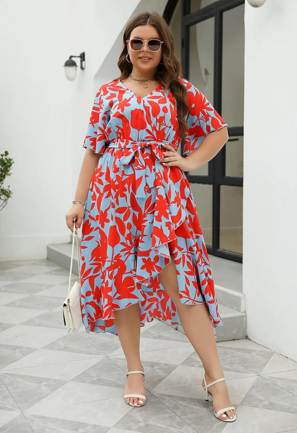 Keluummi Plus Size Wedding Guest Maxi Dress for Curvy Women, Summer Casual Boho Floral Long Wrap Dress with Sleeve and Pocket