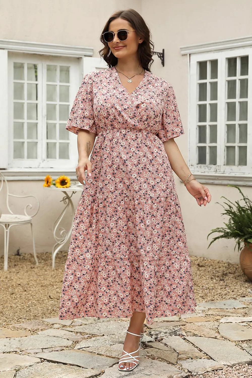 Keluummi Plus Size Wedding Guest Maxi Dresses for Curvy Women, Summer Casual Boho Floral Long Party Sundress with 3/4 Sleeve