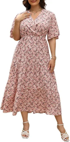 Keluummi Plus Size Wedding Guest Maxi Dresses for Curvy Women, Summer Casual Boho Floral Long Party Sundress with 3/4 Sleeve