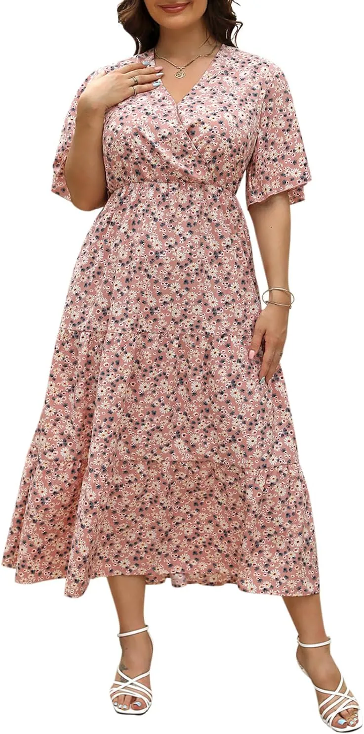 Keluummi Plus Size Wedding Guest Maxi Dresses for Curvy Women, Summer Casual Boho Floral Long Party Sundress with 3/4 Sleeve