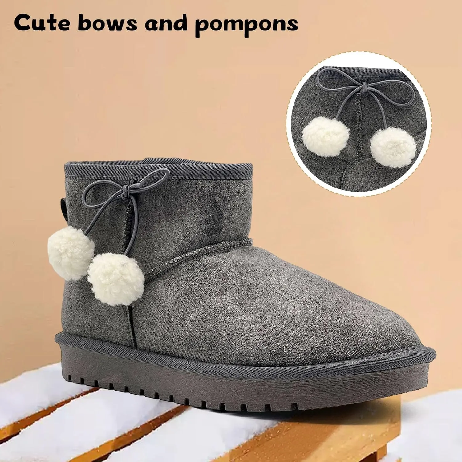 Kids Snow Boots Girls Boys Outdoor Warm Slip On Fur Lining Lightweight Anti-Slip Winter Shoes