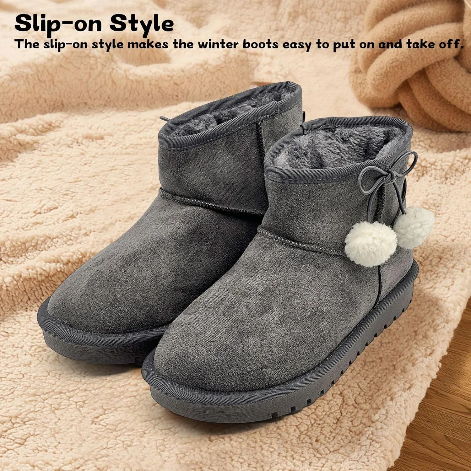 Kids Snow Boots Girls Boys Outdoor Warm Slip On Fur Lining Lightweight Anti-Slip Winter Shoes