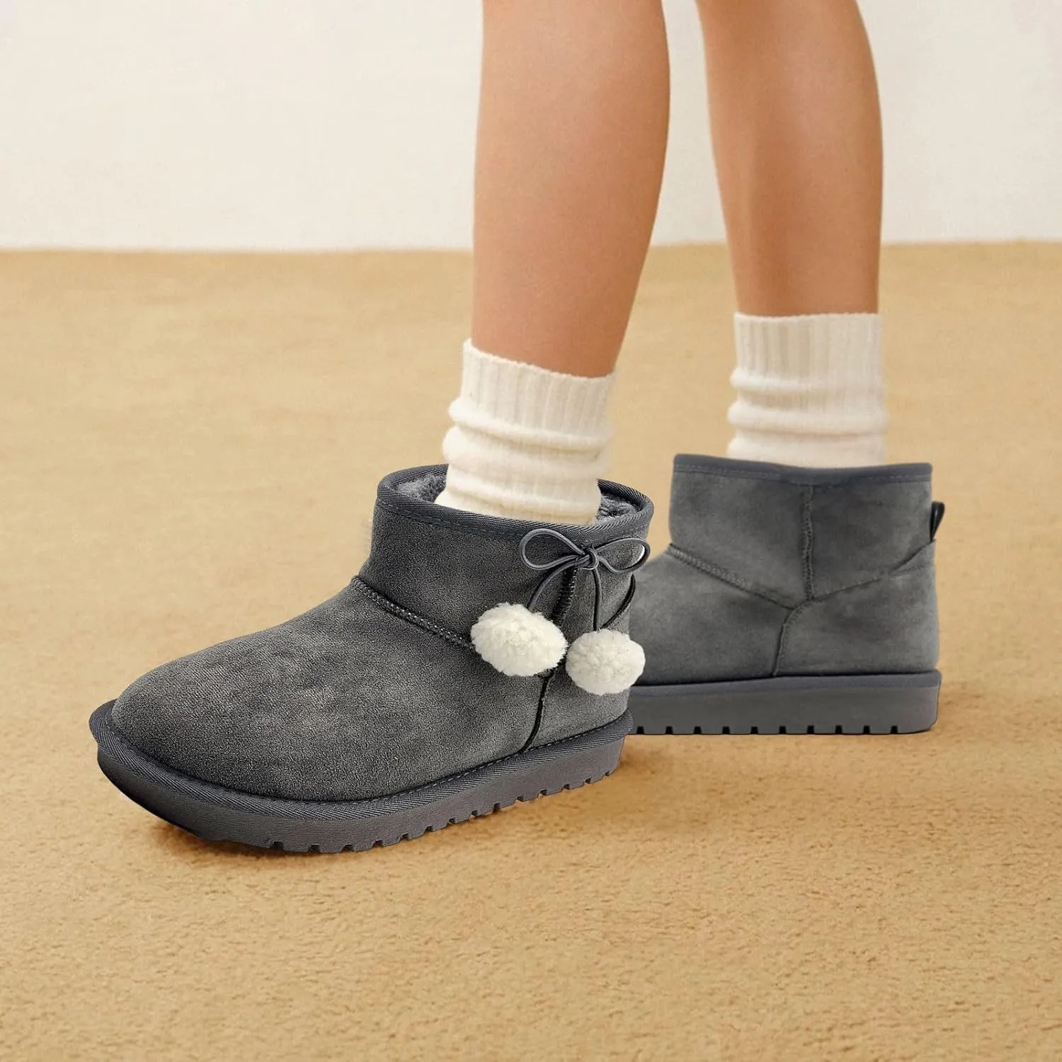 Kids Snow Boots Girls Boys Outdoor Warm Slip On Fur Lining Lightweight Anti-Slip Winter Shoes