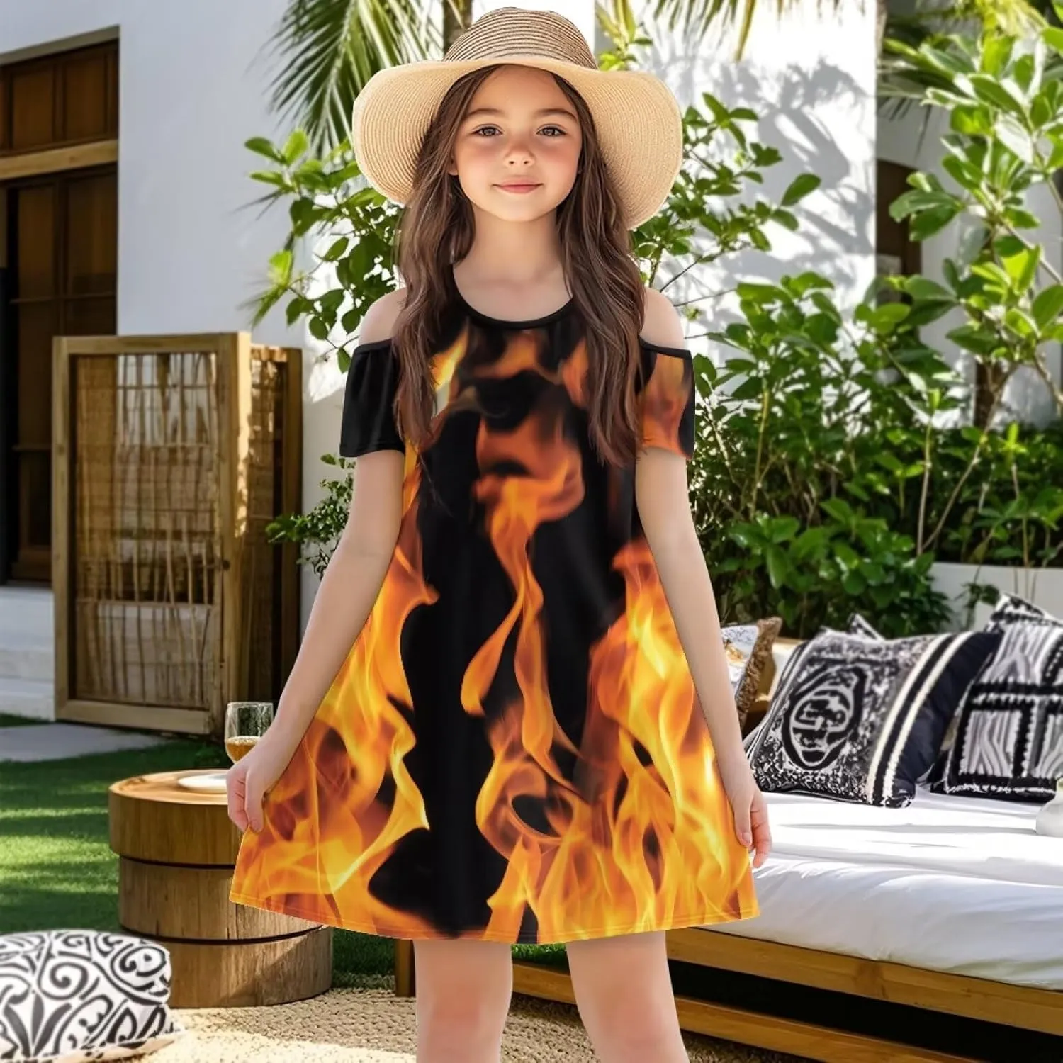 Kids Summer Music Theme Dresses for Girls 3-14Y Casual Cold Shoulder Short Sleeve Mini Dress with Pockets