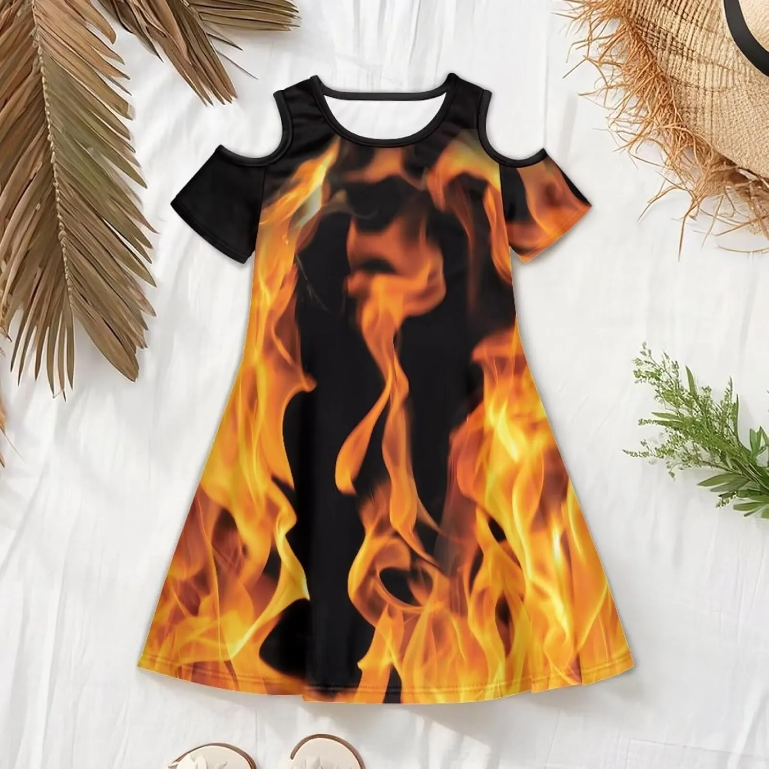 Kids Summer Music Theme Dresses for Girls 3-14Y Casual Cold Shoulder Short Sleeve Mini Dress with Pockets