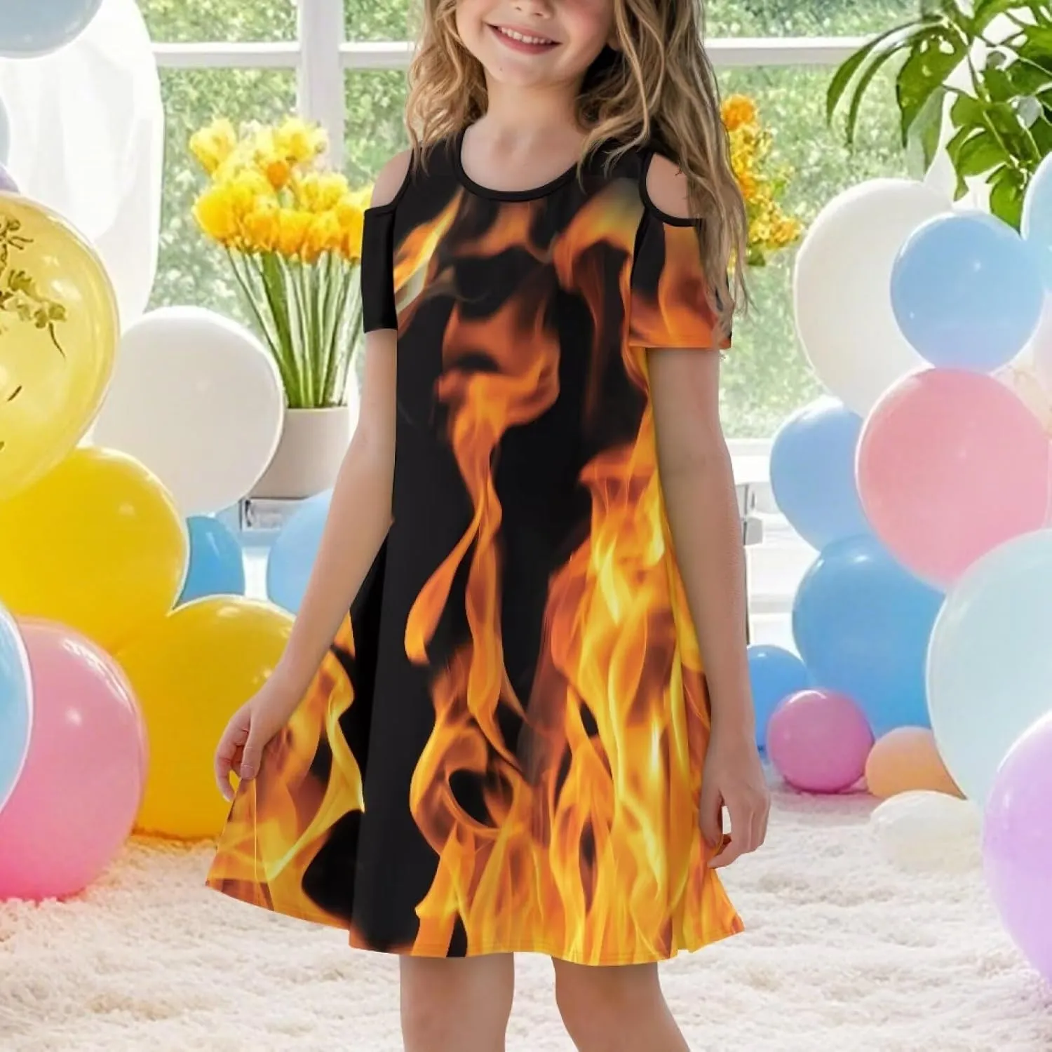 Kids Summer Music Theme Dresses for Girls 3-14Y Casual Cold Shoulder Short Sleeve Mini Dress with Pockets