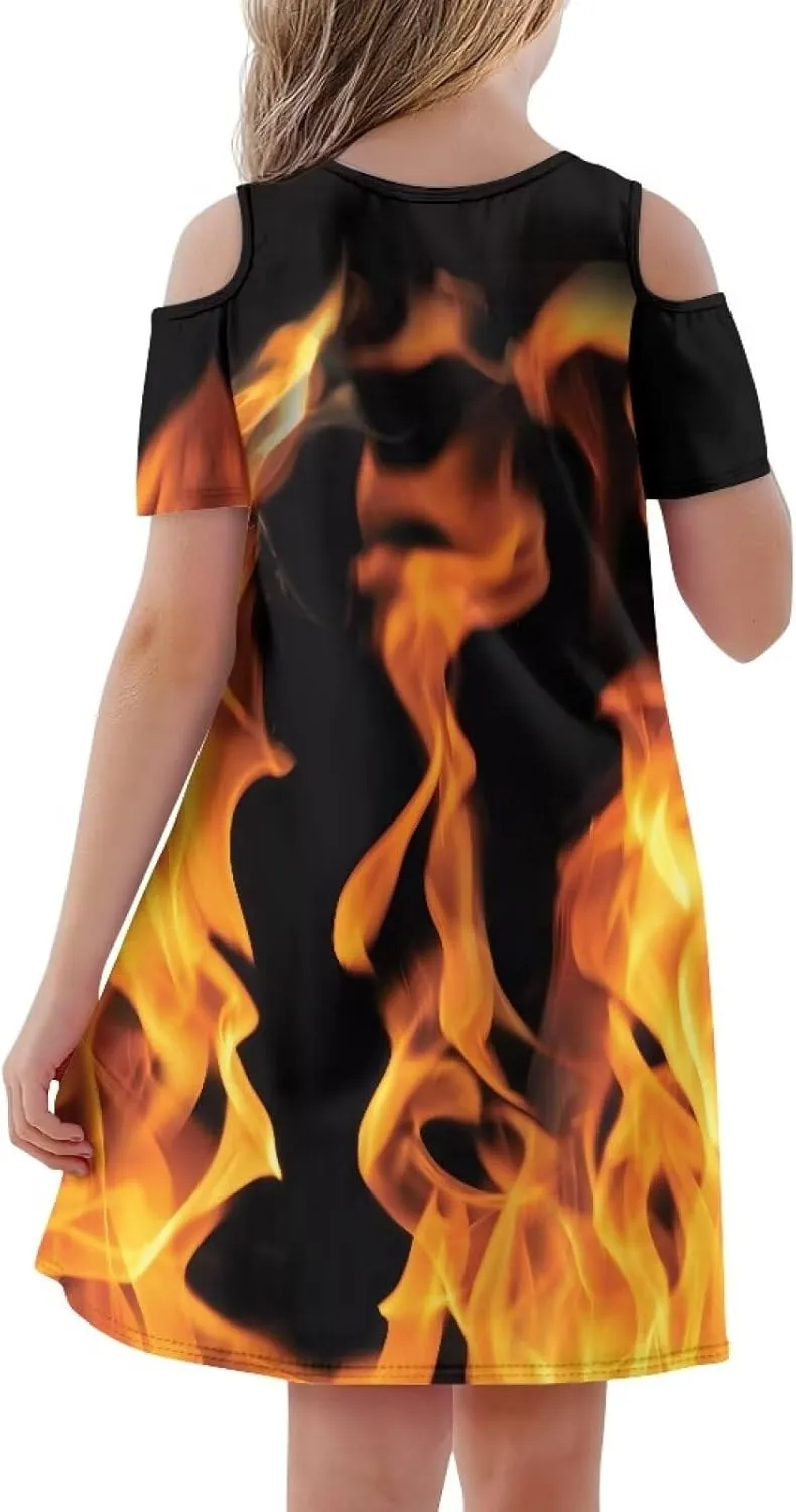 Kids Summer Music Theme Dresses for Girls 3-14Y Casual Cold Shoulder Short Sleeve Mini Dress with Pockets