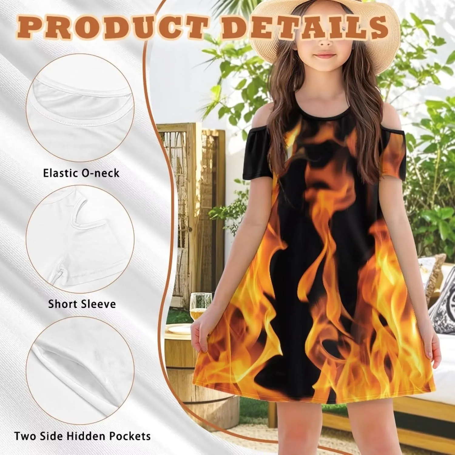 Kids Summer Music Theme Dresses for Girls 3-14Y Casual Cold Shoulder Short Sleeve Mini Dress with Pockets