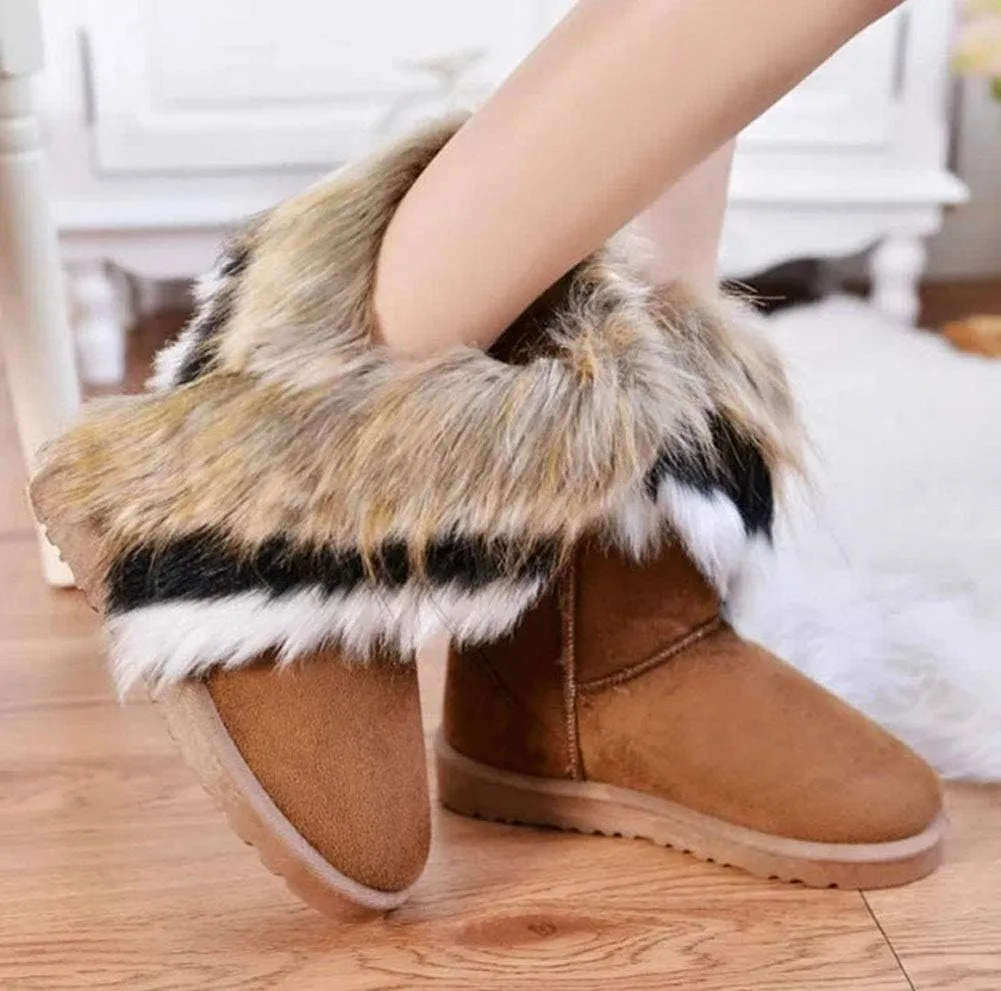 King Ma Women's Faux Fur Tassel Winter Snow Boot Suede Flat Ankle Boots