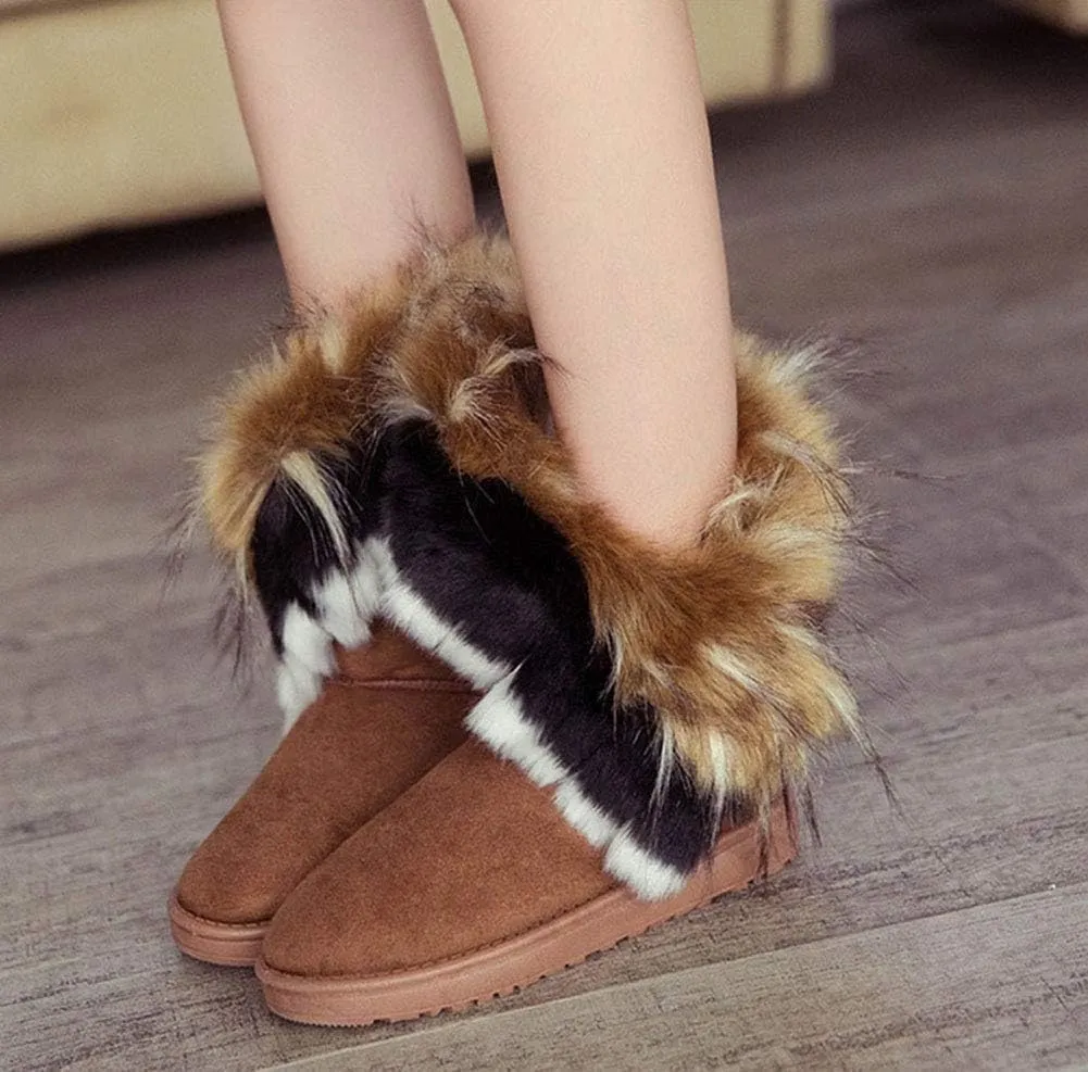 King Ma Women's Faux Fur Tassel Winter Snow Boot Suede Flat Ankle Boots