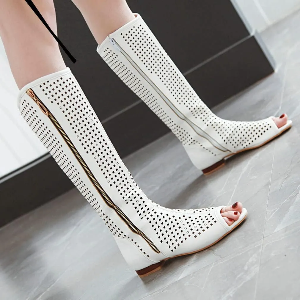 KISSASA Womens Knee High Flat Gladiator Zip Up Sandals Peep Toe Low Heel Summer Boots