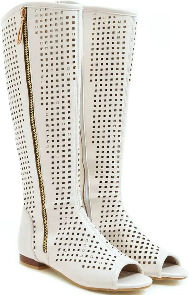 KISSASA Womens Knee High Flat Gladiator Zip Up Sandals Peep Toe Low Heel Summer Boots