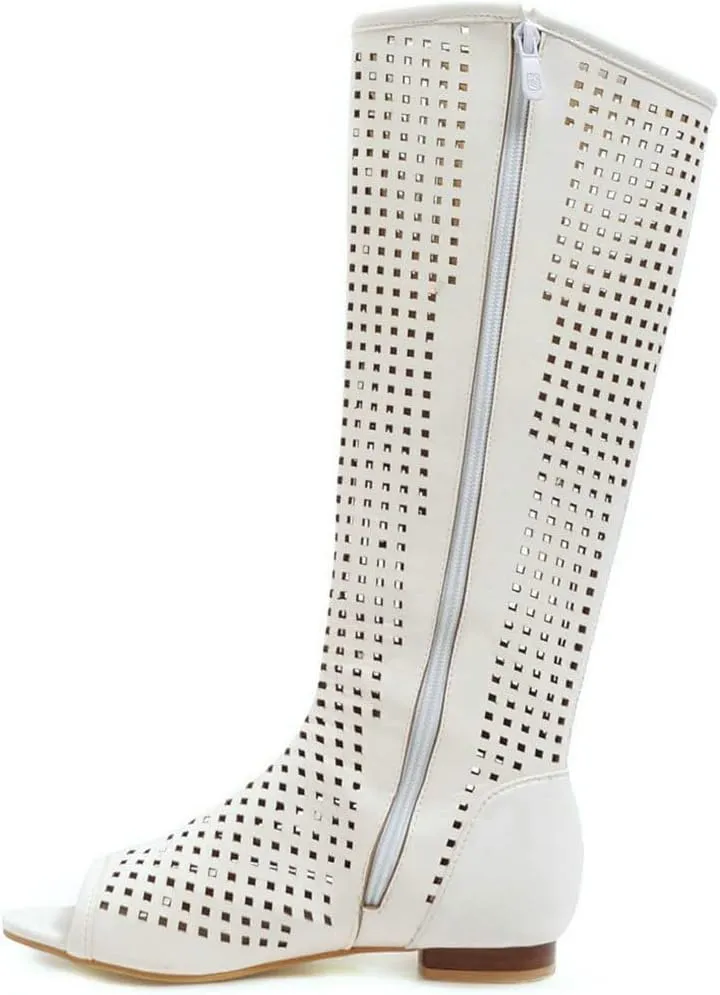 KISSASA Womens Knee High Flat Gladiator Zip Up Sandals Peep Toe Low Heel Summer Boots