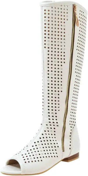 KISSASA Womens Knee High Flat Gladiator Zip Up Sandals Peep Toe Low Heel Summer Boots