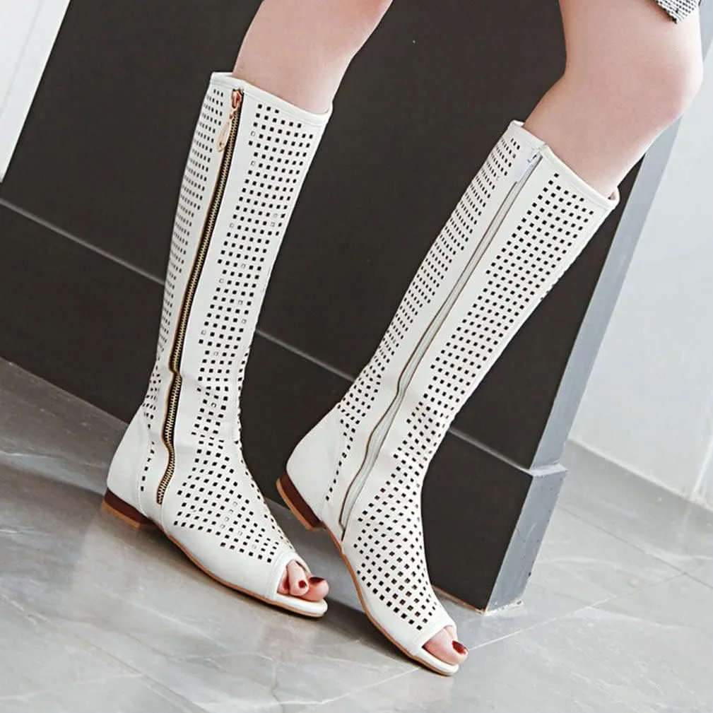 KISSASA Womens Knee High Flat Gladiator Zip Up Sandals Peep Toe Low Heel Summer Boots