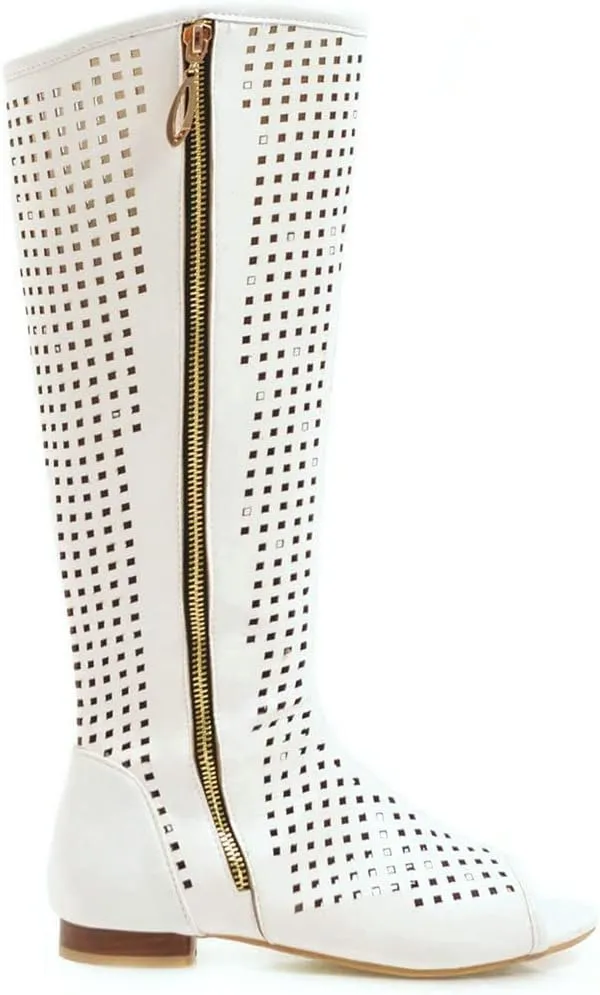 KISSASA Womens Knee High Flat Gladiator Zip Up Sandals Peep Toe Low Heel Summer Boots