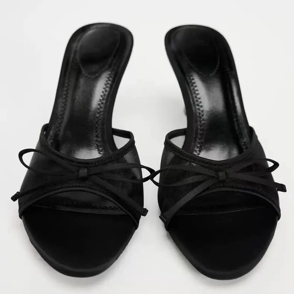 Kitten Heels for Women Pointed Toe Bow Mesh Mules Silp On Studded Heeled Sandals