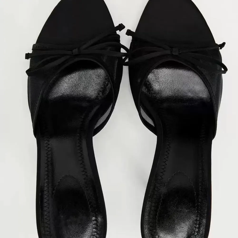 Kitten Heels for Women Pointed Toe Bow Mesh Mules Silp On Studded Heeled Sandals