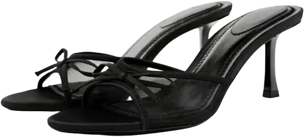 Kitten Heels for Women Pointed Toe Bow Mesh Mules Silp On Studded Heeled Sandals