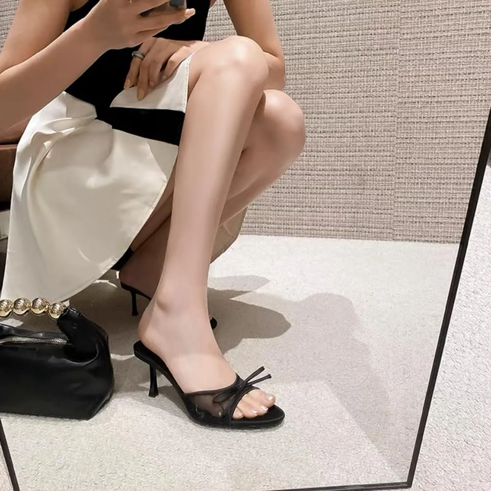 Kitten Heels for Women Pointed Toe Bow Mesh Mules Silp On Studded Heeled Sandals