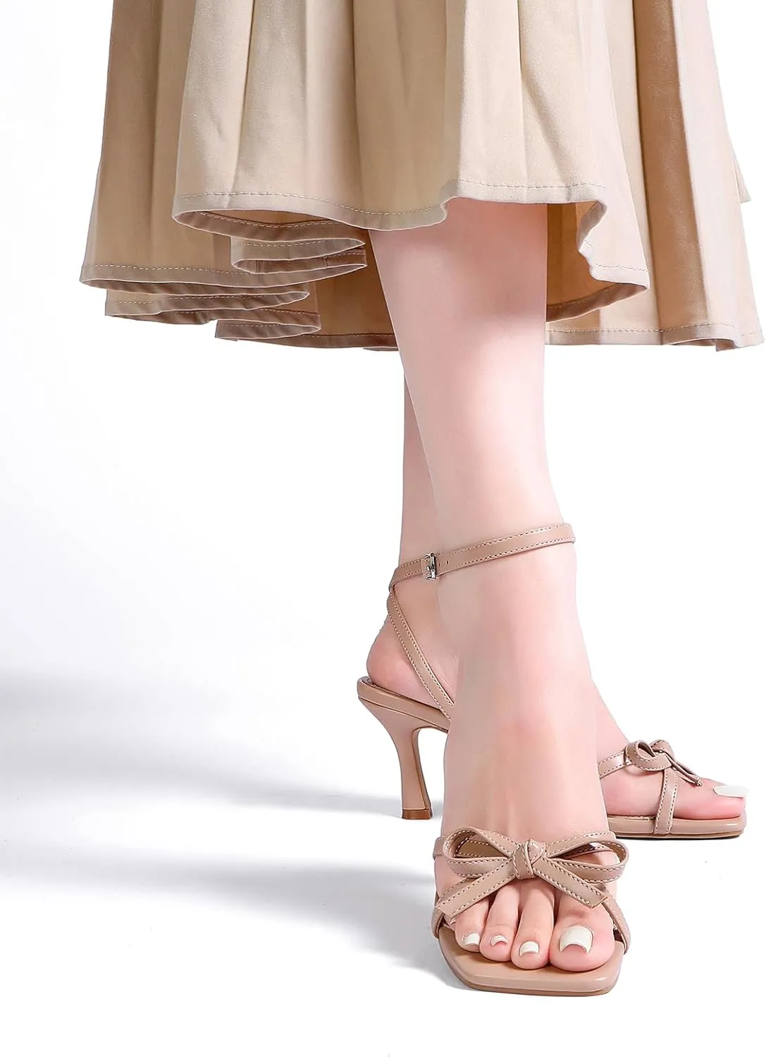 Kitten Heels with Bow Strappy Heels for Women Square Open Toe Mid Heeled Sandals