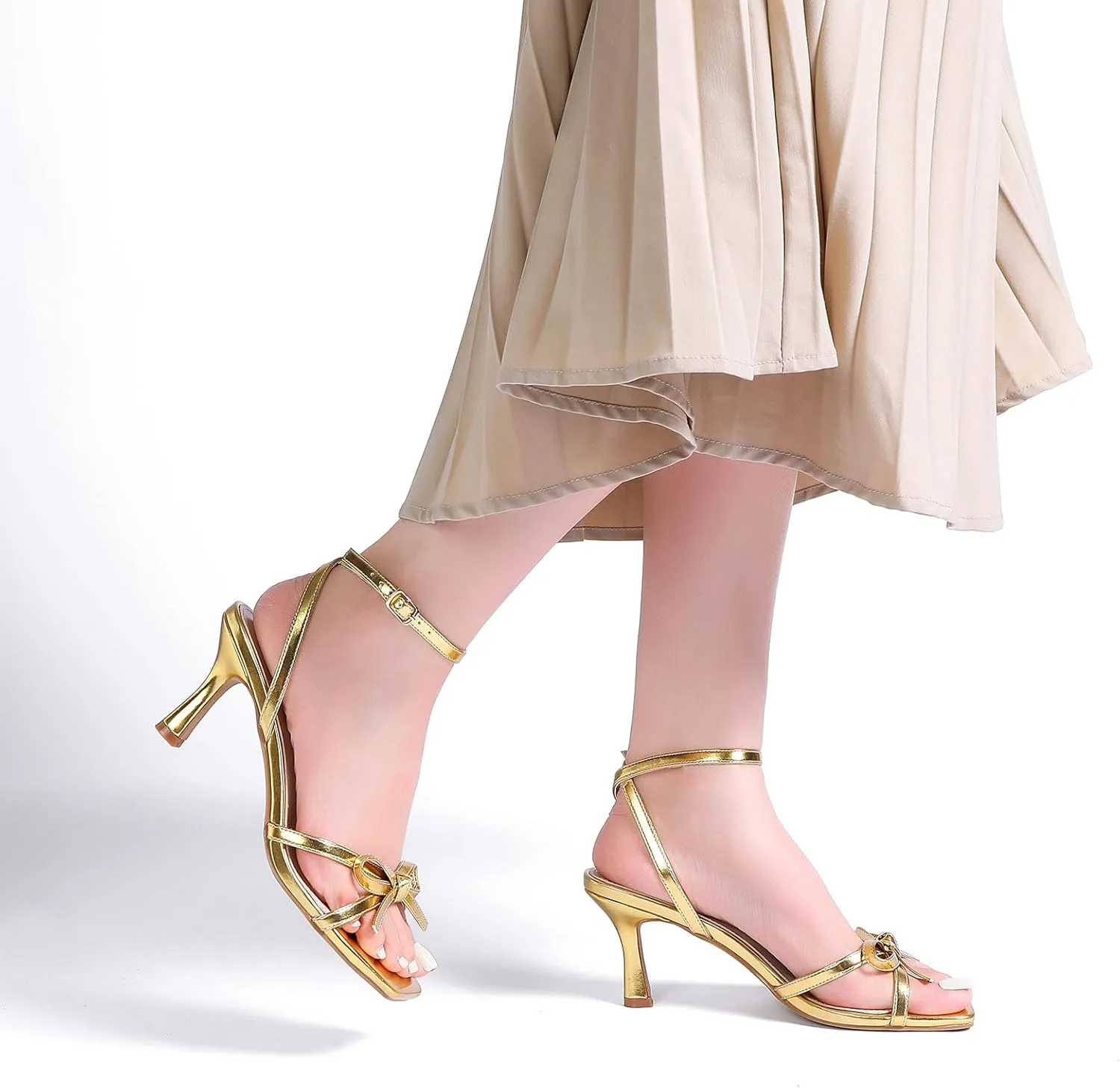 Kitten Heels with Bow Strappy Heels for Women Square Open Toe Mid Heeled Sandals