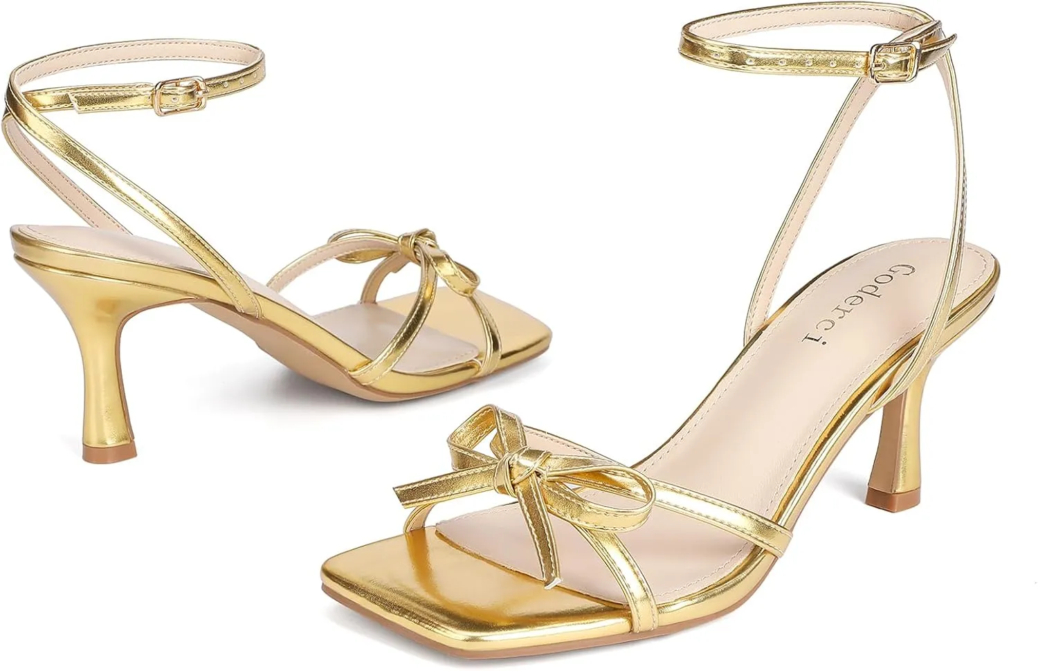 Kitten Heels with Bow Strappy Heels for Women Square Open Toe Mid Heeled Sandals