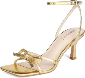 Kitten Heels with Bow Strappy Heels for Women Square Open Toe Mid Heeled Sandals