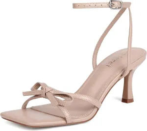 Kitten Heels with Bow Strappy Heels for Women Square Open Toe Mid Heeled Sandals
