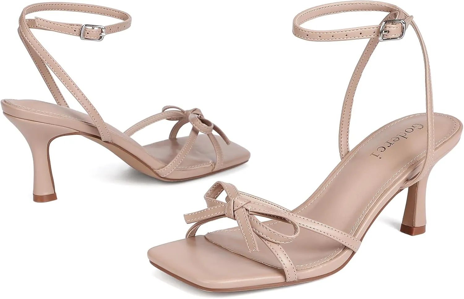 Kitten Heels with Bow Strappy Heels for Women Square Open Toe Mid Heeled Sandals