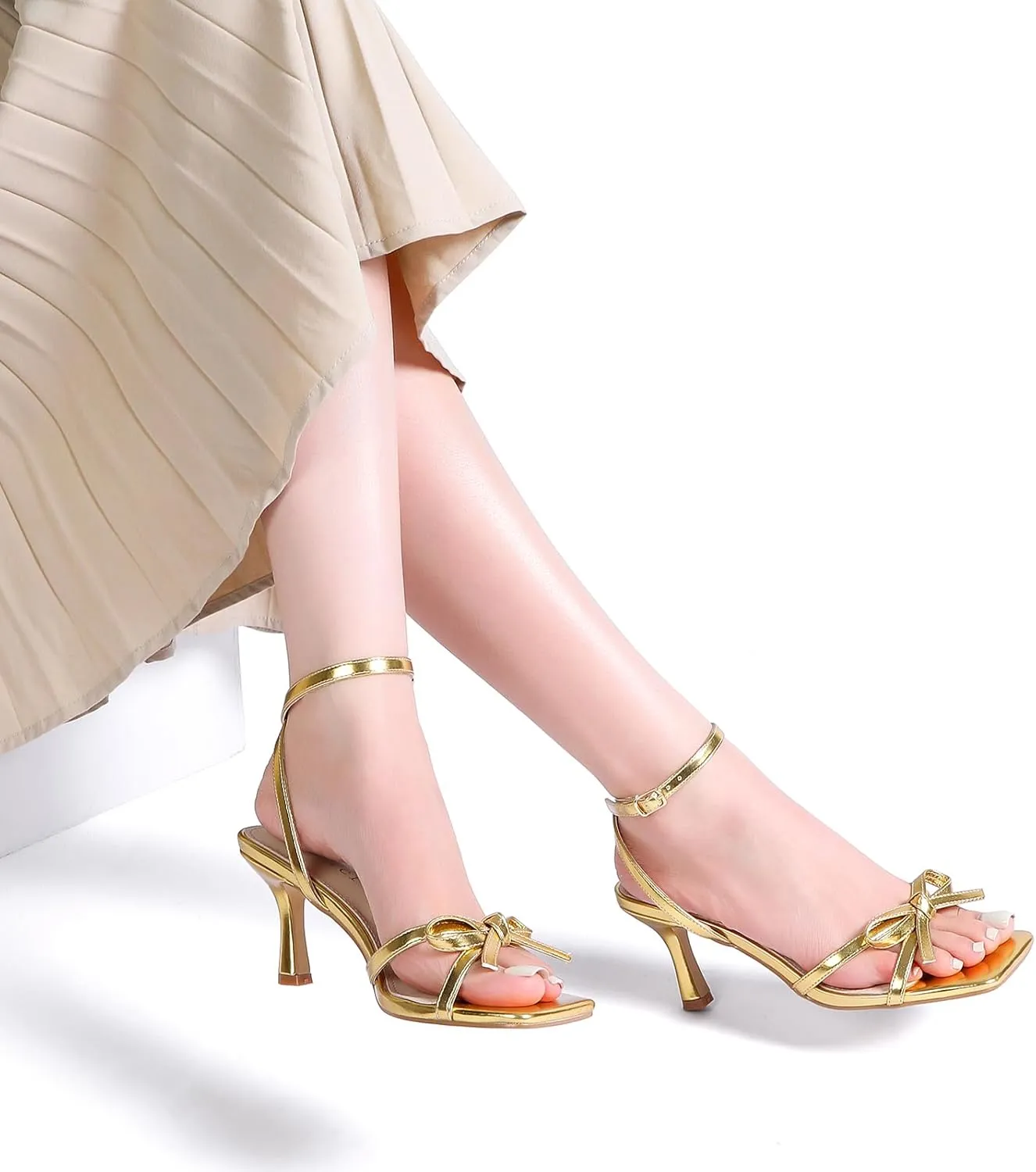 Kitten Heels with Bow Strappy Heels for Women Square Open Toe Mid Heeled Sandals