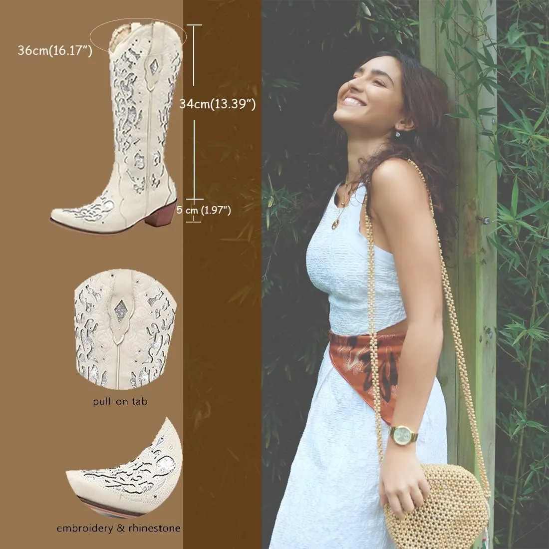 KiutSymo Glitter Rhinestone Cowboy Boots For Women Vintage Embroidered Cowgirl Boots Mid Calf Chunky Heel Sparkly Wedding Western Boots