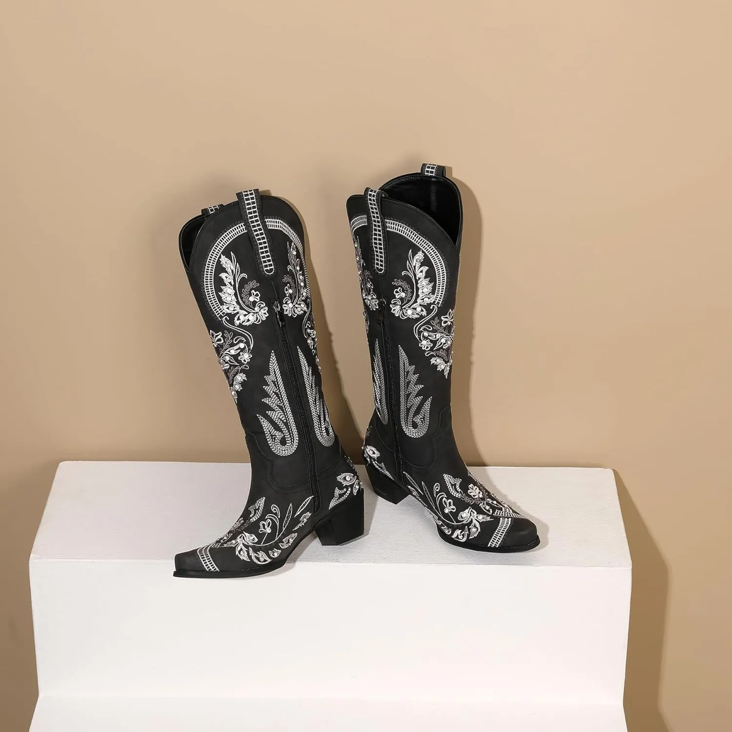 KiutSymo Glitter Rhinestone Cowboy Boots For Women Vintage Embroidered Cowgirl Boots Mid Calf Chunky Heel Sparkly Wedding Western Boots