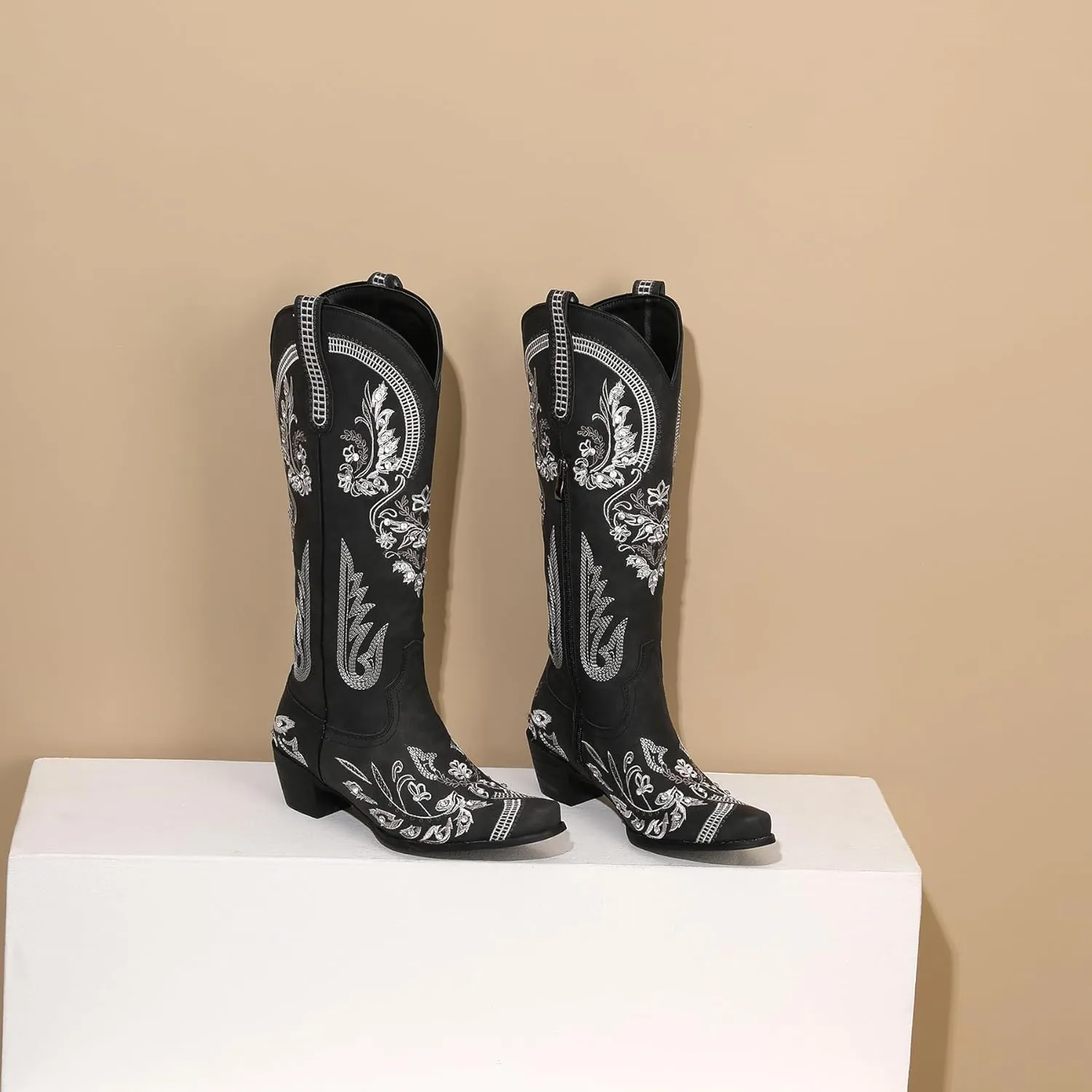 KiutSymo Glitter Rhinestone Cowboy Boots For Women Vintage Embroidered Cowgirl Boots Mid Calf Chunky Heel Sparkly Wedding Western Boots