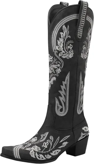 KiutSymo Glitter Rhinestone Cowboy Boots For Women Vintage Embroidered Cowgirl Boots Mid Calf Chunky Heel Sparkly Wedding Western Boots