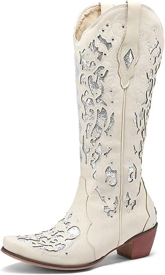 KiutSymo Glitter Rhinestone Cowboy Boots For Women Vintage Embroidered Cowgirl Boots Mid Calf Chunky Heel Sparkly Wedding Western Boots