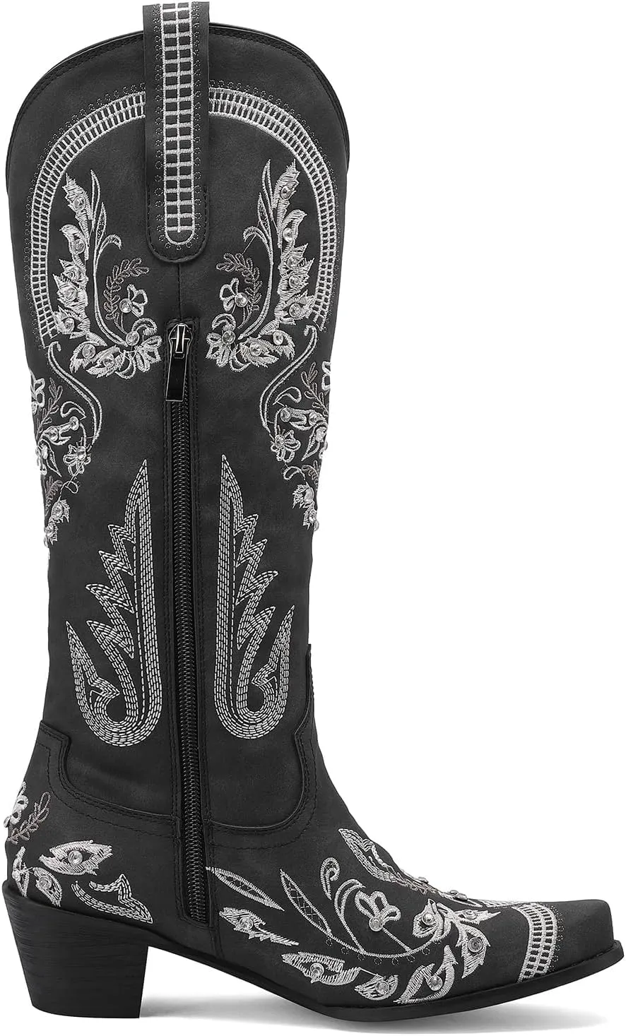 KiutSymo Glitter Rhinestone Cowboy Boots For Women Vintage Embroidered Cowgirl Boots Mid Calf Chunky Heel Sparkly Wedding Western Boots