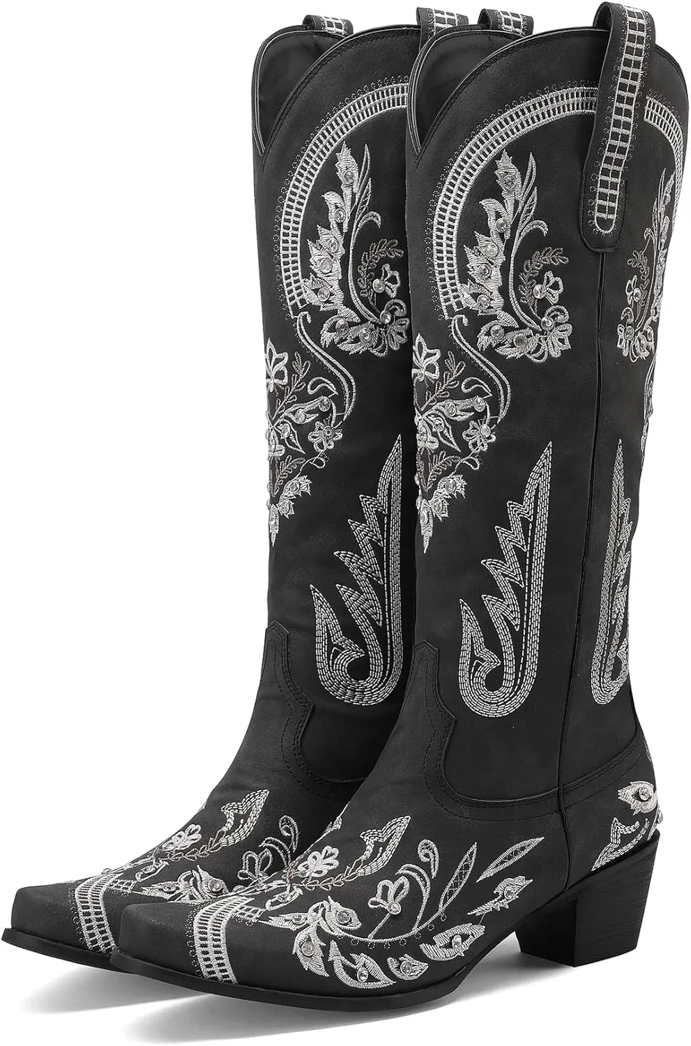 KiutSymo Glitter Rhinestone Cowboy Boots For Women Vintage Embroidered Cowgirl Boots Mid Calf Chunky Heel Sparkly Wedding Western Boots