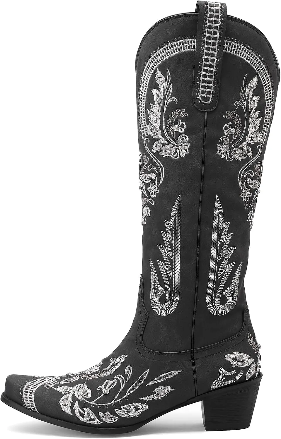 KiutSymo Glitter Rhinestone Cowboy Boots For Women Vintage Embroidered Cowgirl Boots Mid Calf Chunky Heel Sparkly Wedding Western Boots