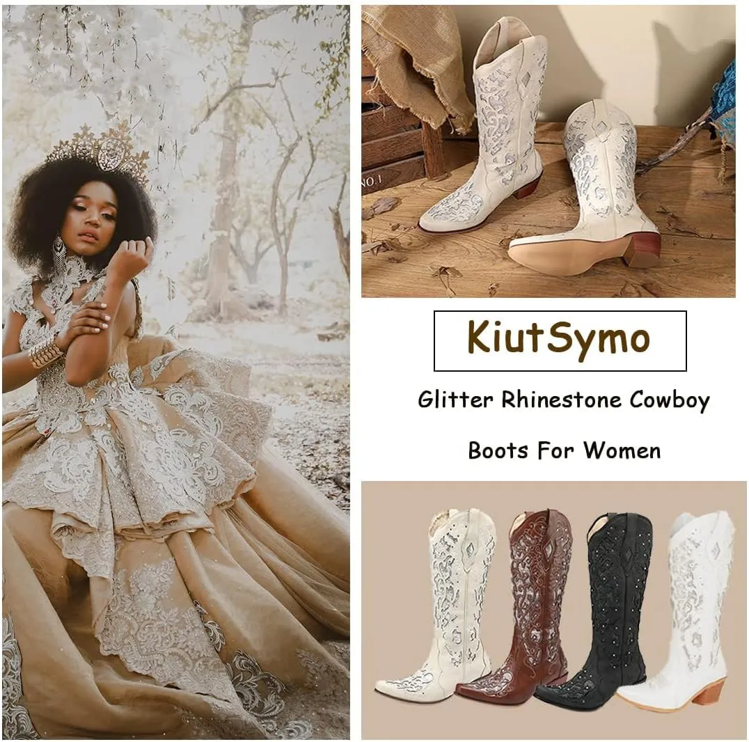 KiutSymo Glitter Rhinestone Cowboy Boots For Women Vintage Embroidered Cowgirl Boots Mid Calf Chunky Heel Sparkly Wedding Western Boots