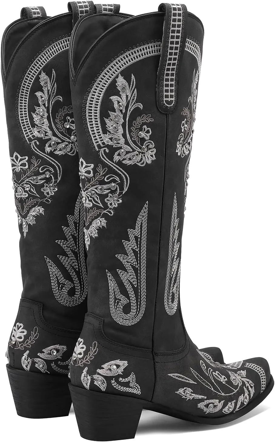 KiutSymo Glitter Rhinestone Cowboy Boots For Women Vintage Embroidered Cowgirl Boots Mid Calf Chunky Heel Sparkly Wedding Western Boots
