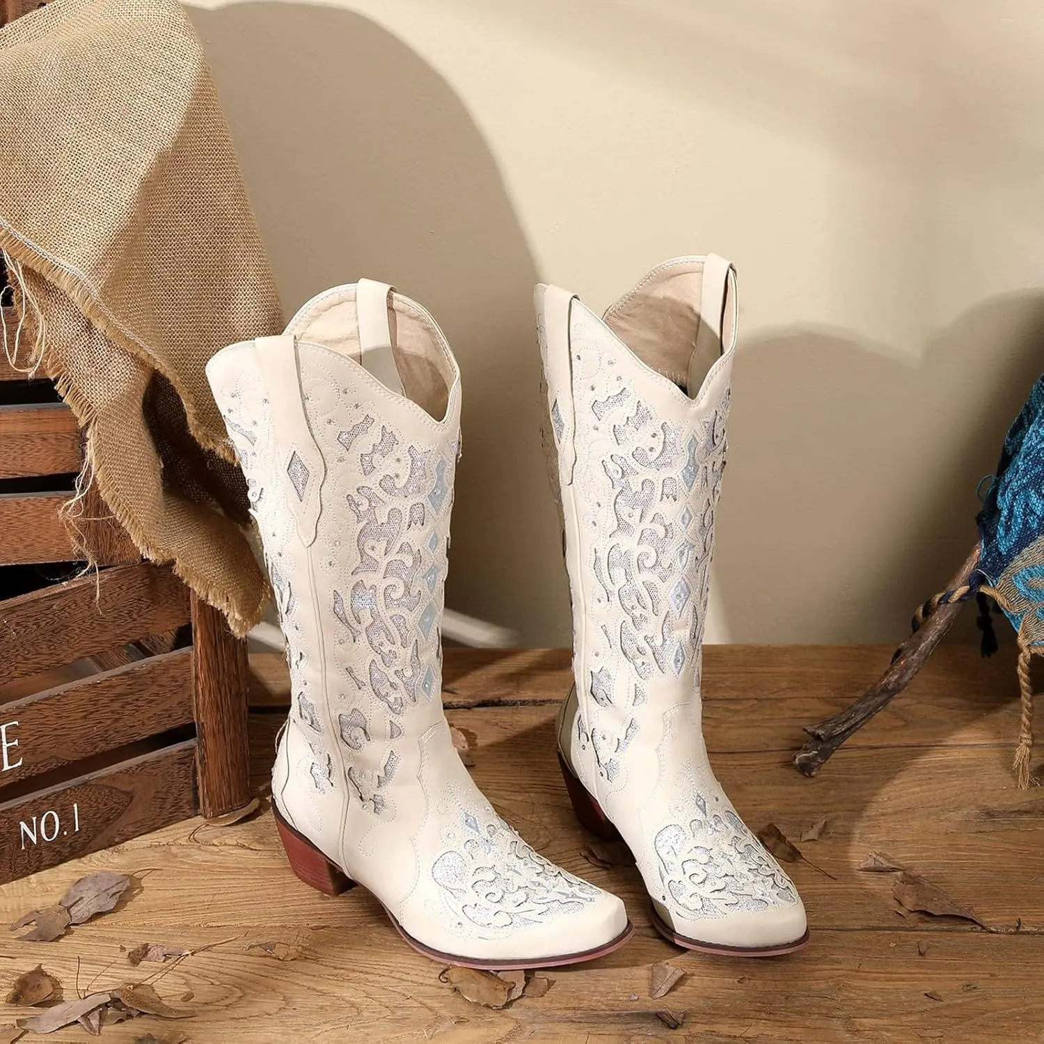 KiutSymo Glitter Rhinestone Cowboy Boots For Women Vintage Embroidered Cowgirl Boots Mid Calf Chunky Heel Sparkly Wedding Western Boots